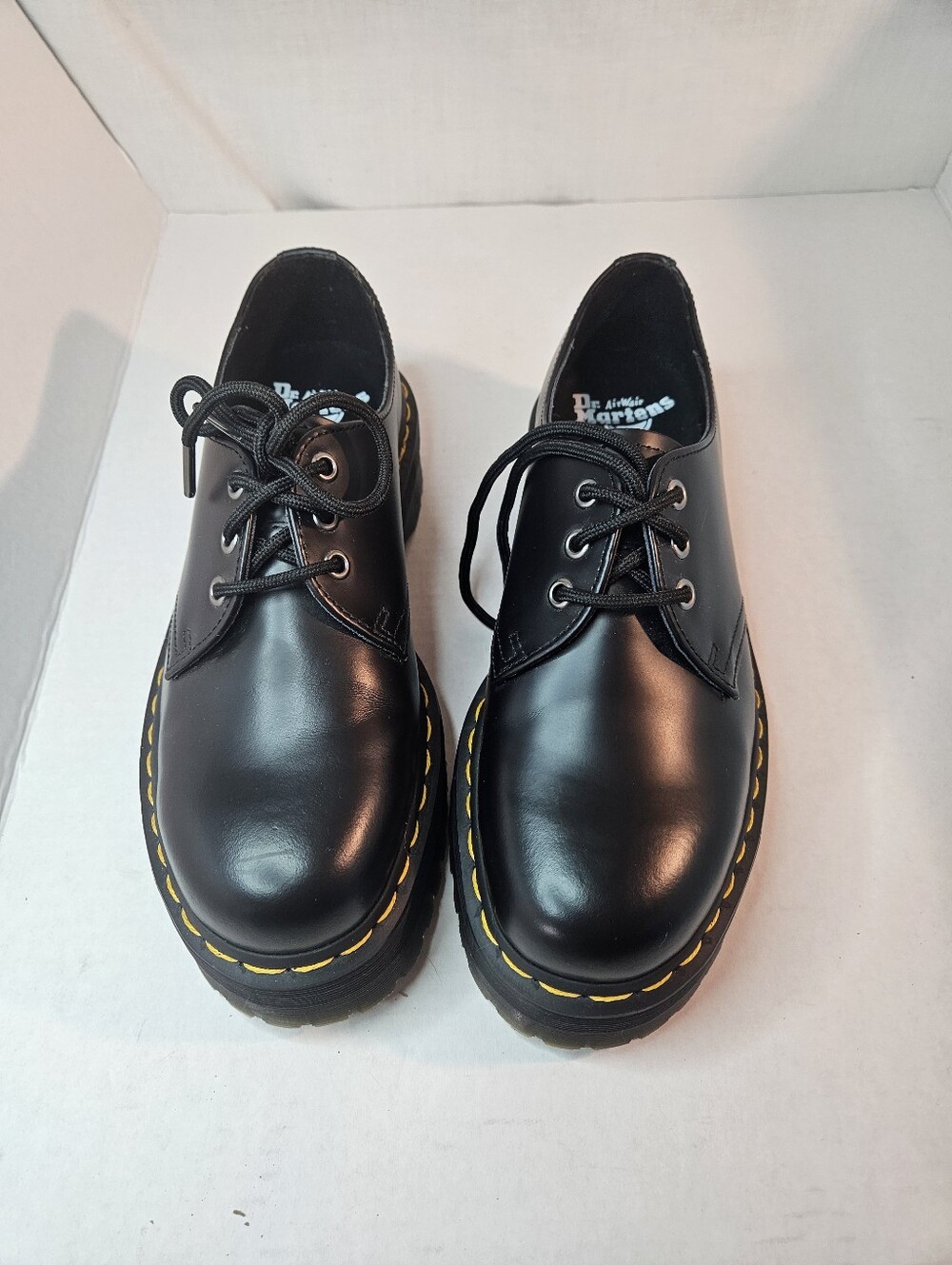 Dr. Martens Black Leather Derby Shoes with Yellow Stitching